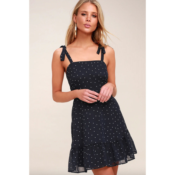 LULUS Dotty About You Navy Blue White Polka Dot Tie-Strap Short Dress Size Small - Picture 1 of 9